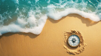 A compass resting on sandy beach near gentle ocean waves, symbolizing exploration and direction.
