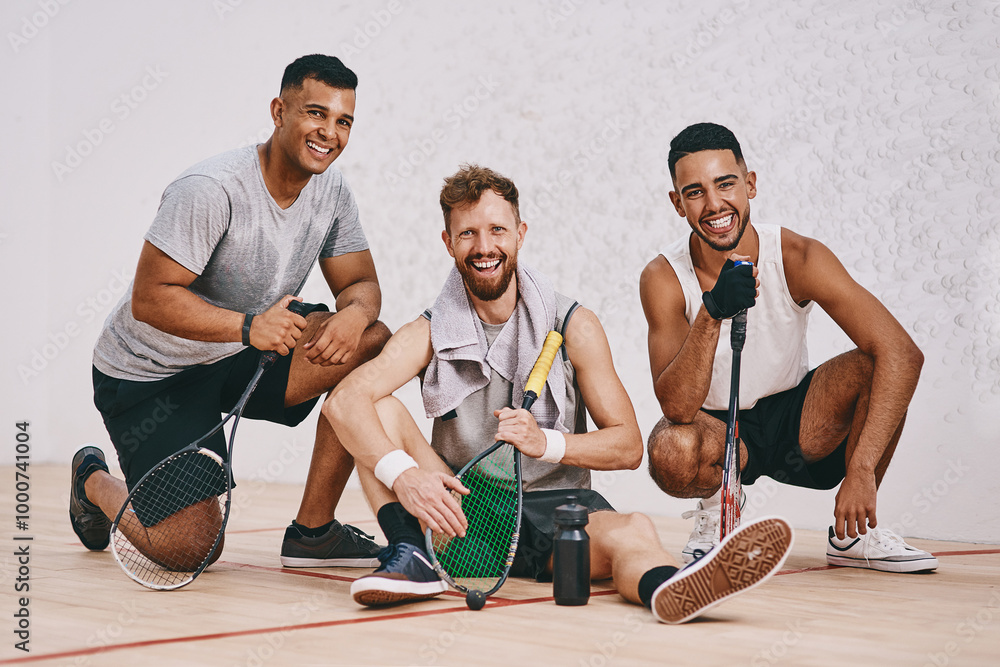 Poster Portrait, men and happy for sports in court with squash racket, fitness game and exercise performance. Smile, athlete people and equipment of play match, club tournament and practice for competition