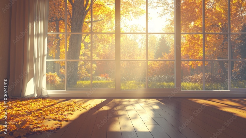 Aufkleber a large window in a room with a view of a forest