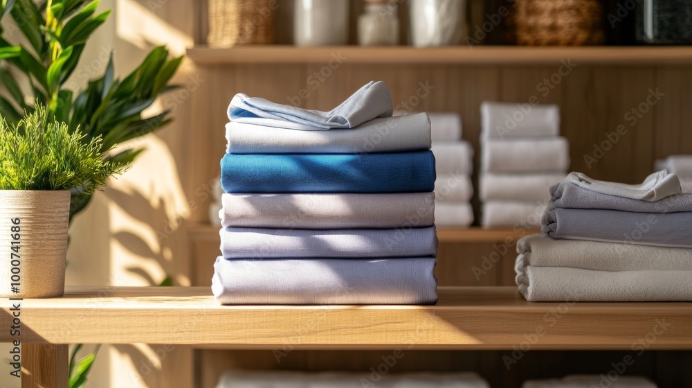 Poster A stack of towels on a shelf with a potted plant in the background