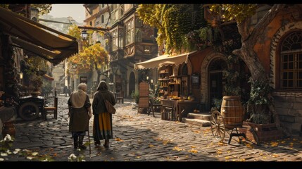 Fototapeta premium A photograph of an elderly couple visiting a historical castle, exploring the grounds and learning about its history. Ultra detailed