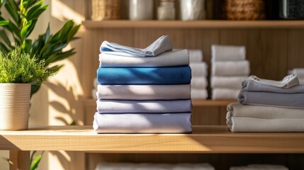 A stack of towels on a shelf with a potted plant in the background