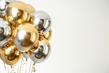 Gold and Silver Balloons with Lights on White Background, Festive and Elegant Celebration

