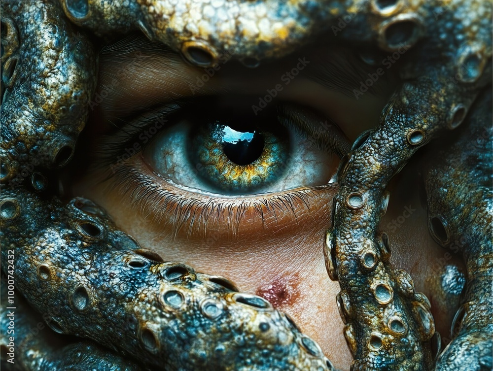 Poster Close Up of a Human Eye Surrounded by Octopus Tentacles