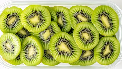 Plastic container filled with vibrant kiwi slices showcasing the fresh and delicious essence of fruits.