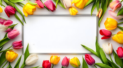 A shiny silver rectangular frame bordered with vibrant tulips of various colors, such as yellow, pink, and red, providing a