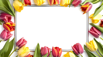 A shiny silver rectangular frame bordered with vibrant tulips of various colors, such as yellow, pink, and red, providing a