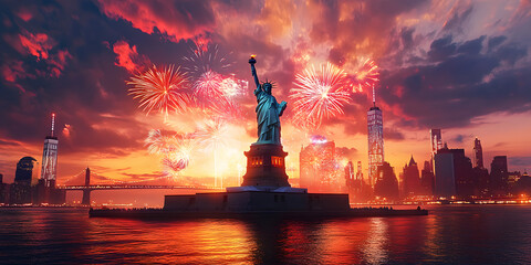 New York Manhattan panorama with Liberty Statue and America USA flag, vanilla sky lots of fireworks at sunset. 4 July Independence Day celebration