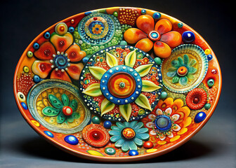 Naklejka premium Brightly colored ceramic art featuring intricate floral designs and vibrant patterns. This stunning piece showcases blend of colors and textures, evoking sense of joy and creativity