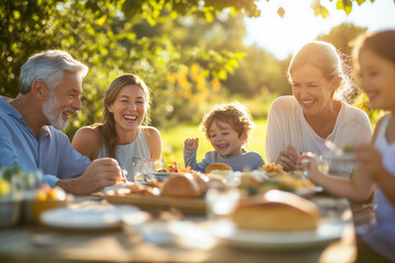Multi-Generational Family Sharing a Joyful Meal Outdoors