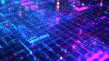 Illuminated digital grid with "Cyber Monday" sign in neon lights