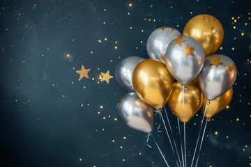 Gold and Silver Balloons with Star Confetti on Dark Background, Festive and Glamorous Celebration

