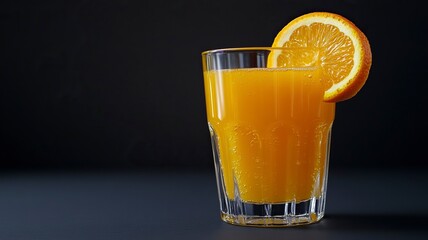 Orange juice in a glass isolated on dark grey background, Fresh orange juice image .generative ai