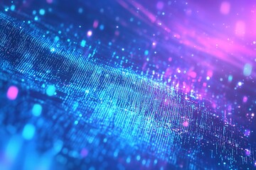 Digital data stream with luminous particles and bokeh.