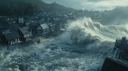 Devastating Tidal Wave Threatening Coastal Town with Inundation - Realistic Disaster Footage