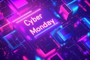Neon-lit Cyber Monday sign on dynamic, futuristic background