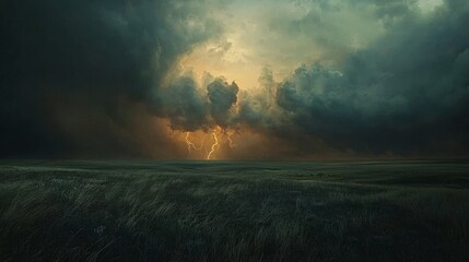 Fototapeta premium Electrifying Atmospheric Scene: Realistic Lightning Storm over Dark Prairie Sky