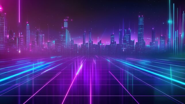 Neon-lit futuristic cityscape with vibrant colors and light trai