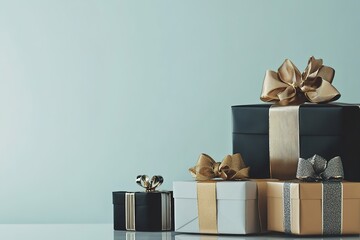 Elegant gifts with golden bows on blue background