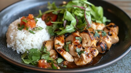A plate of food with rice, chicken, and vegetables