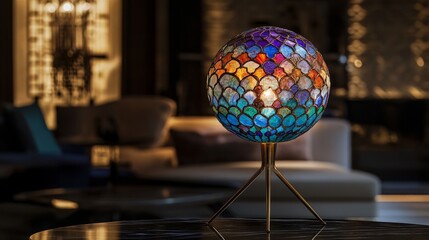 Obraz premium Luxurious, handcrafted lamp with a multicolored, intricately patterned shade, and a polished brass stand, evoking an air of sophistication.