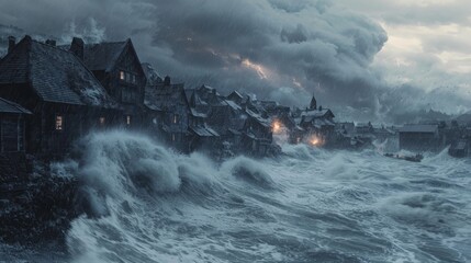 Fototapeta premium Powerful Storm Hits Coastal Village with High Winds and Crashing Waves - Dramatic Realistic Scene of Destruction
