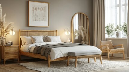 Mock up frame in a cozy master bedroom with soft neutral tones and natural wooden furniture, 3D render