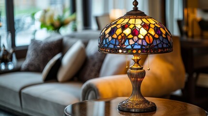 Ornate luxury lamp with a colorful mosaic glass shade, crafted from premium materials, adding a regal touch to any room.