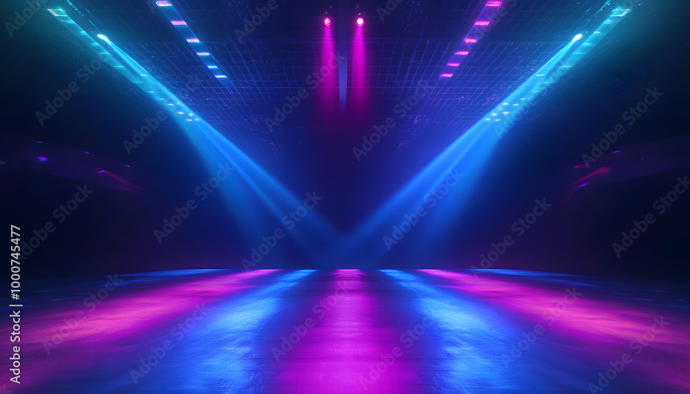 Poster dark abstract background. empty neon stage with rays.