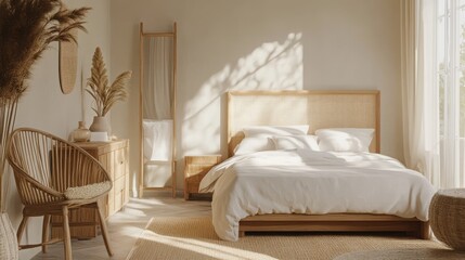 Mock up frame in a cozy master bedroom with soft neutral tones and natural wooden furniture, 3D render