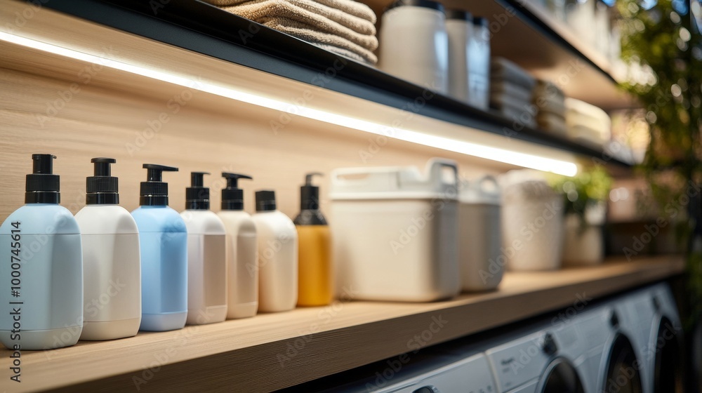 Poster a shelf full of various bottles and containers, including some soap and shampoo