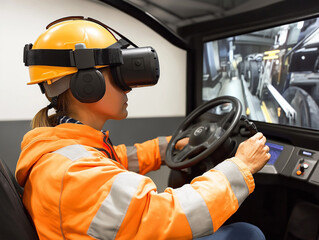Woman operating machinery with virtual reality in a training environment