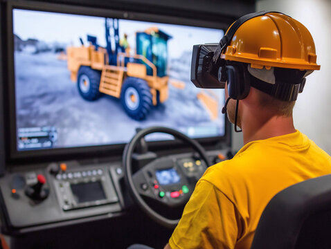 Construction worker using virtual reality simulator for equipment training