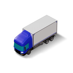 3D Isometric Cargo Truck Photoreal Vector Illustration Modern Blue Cabine and White Van Intercity Delivery Vehicle 6x4 Design for Logistics Transport Presentation Social Media Video Promo Front Left
