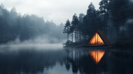 Fototapeta premium Cozy Triangle House, a charming 3D illustration featuring a unique triangular design, nestled in a serene landscape, inviting warmth and comfort.