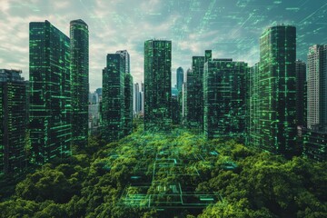 Obraz premium Futuristic Eco-City, a vibrant urban landscape blending advanced technology with sustainable practices, showcasing green architecture and innovative design.