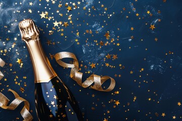 Champagne Bottle with Golden Ribbon and Gold Stars on Dark Blue Background, Elegant Celebration

