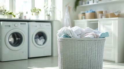A white basket full of clothes sits in front of a white washing machine