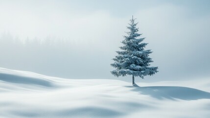 Fototapeta premium A small pine tree stands alone in a snowy field