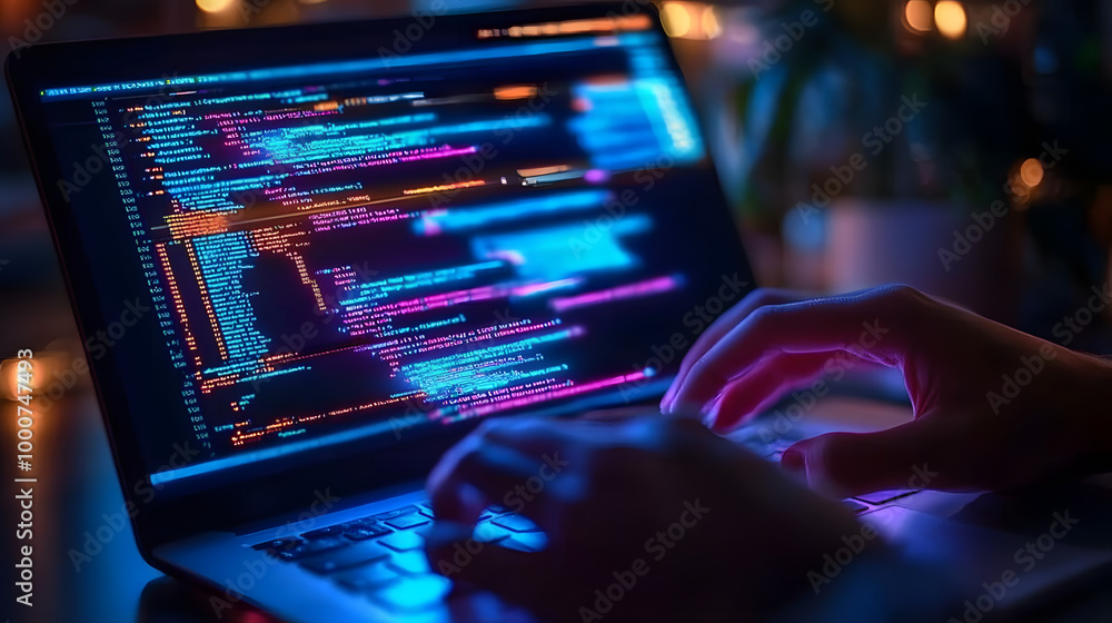 Poster hands typing on a laptop with colorful code on screen.