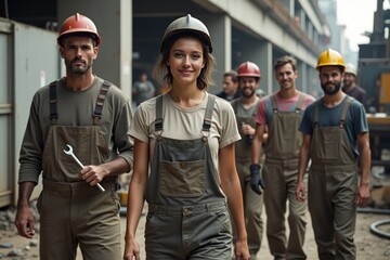 Fototapeta premium Group of construction workers in overalls and hard hats walking on a job site, led by a confident female worker