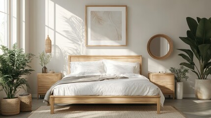 Mock up frame in a minimalist bedroom with clean lines and natural wooden bedframe, 3D render