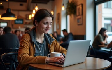 Smiling woman working on laptop in cozy café with coffee, relaxed atmosphere, and warm lighting