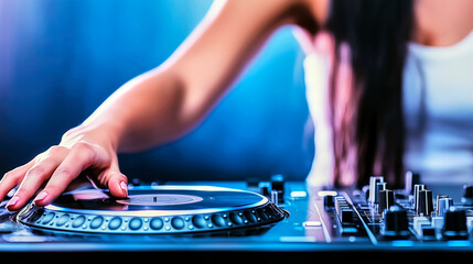 Female dj mixing music on turntable at a party