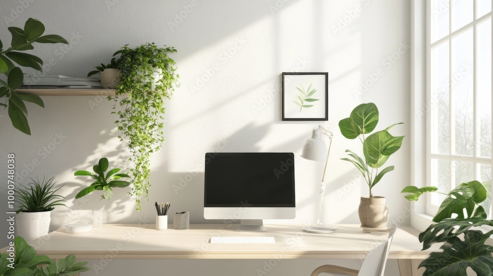 Poster a computer desk with a monitor, keyboard, and mouse