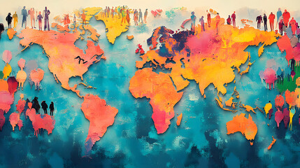 Colorful Abstract Artwork Depicting Global Population Diversity Over a World Map Background