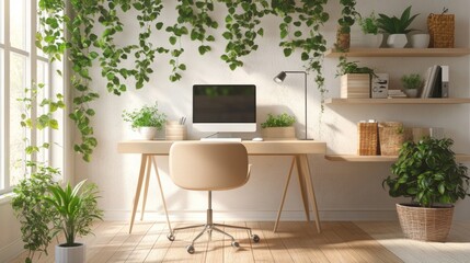 A computer desk with a plant on it and a plant on the wall