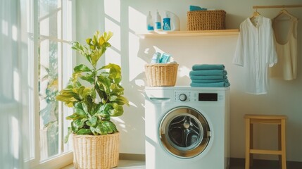 A white washing machine sits in a room with a potted plant