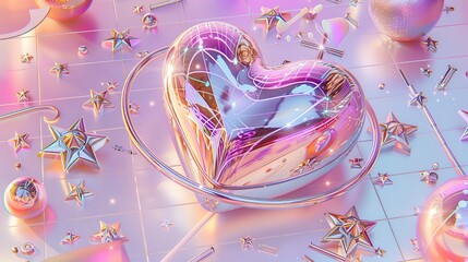 Chrome heart reflecting woman in Y2K-inspired design