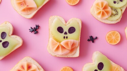 Fototapeta premium Halloween fruit sandwiches in pastel shades, featuring subtle spooky elements, set against a background with ample space for custom text or designs.